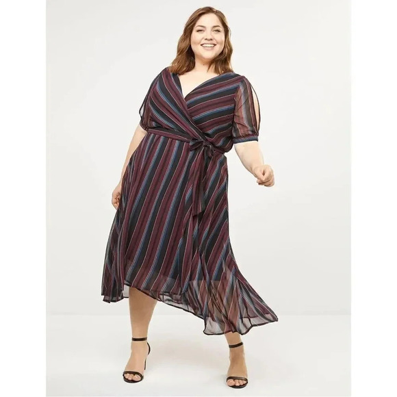 Lane Bryant Striped Faux Wrap Midi Dress 28 Black Blue Red Surplice V-Neck Lined - Picture 1 of 12